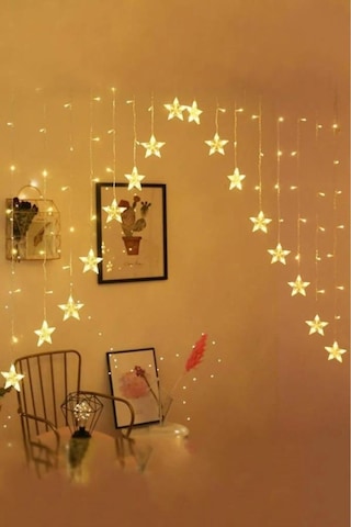 16 Yıldız Noel Işığı, Yılbaşı Perde Led Işık Yıldız Desenli Otantik Aydınlatma Fişli Günışığı Sarı