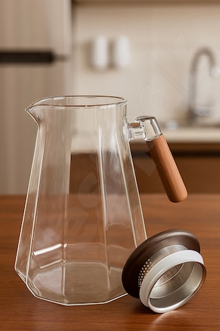 Süzgeçli Cam Sürahi - Akasaya Kapaklı Ve Saplı - Detoks Sürahisi - Contalı Kapak