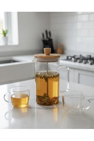 Bambu French Press 1000 Cc Bitki Çayı Filitre Kahve Bambu - Şeffaf