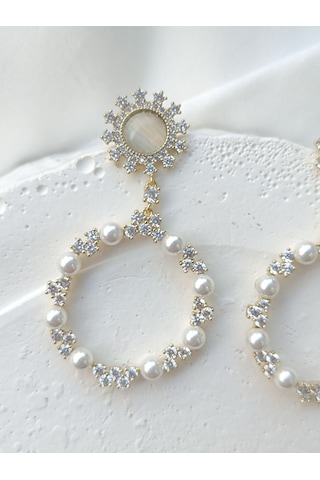 İncili Taşlı Sarkıt Küpe Altın