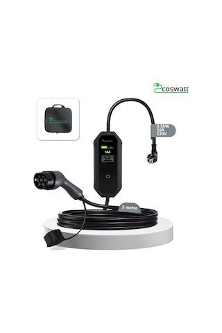 Coswatt Elektrikli Araç Taşınabilir Şarj Cihazı 3.5kW-16A-Tip2 Soket-Türkçe Menü-5M-2x16A Ev Tipi Fiş-220V AC