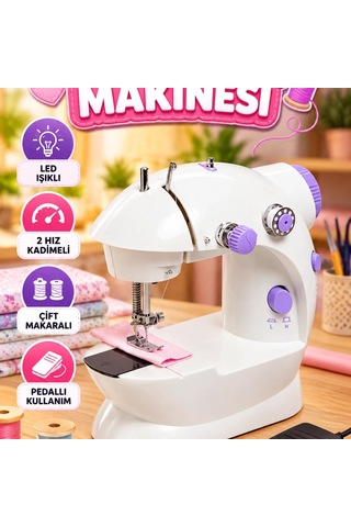 Mini Ev Tipi Dikiş Makinesi Çift Makaralı, 2 Hızlı, Pedallı Ve Işıklı