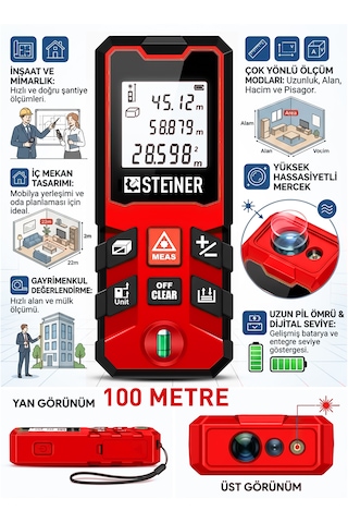 Steiner 100 Metre Su Terazili Uzunluk Alan Hacim Pisagor Ölçüm Cihazı Dijital Mesafe Ölçer Lazer Metre Kırmızı