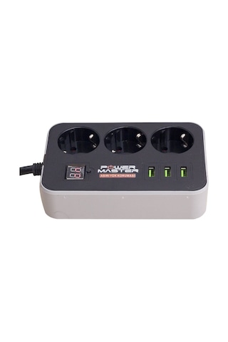 Powermaster Pm-18530 Dijital Ekranlı 3 Usbli 3lü 18 M Kablolu Zaman Ayarlı Akım Korumalı Priz Siyah