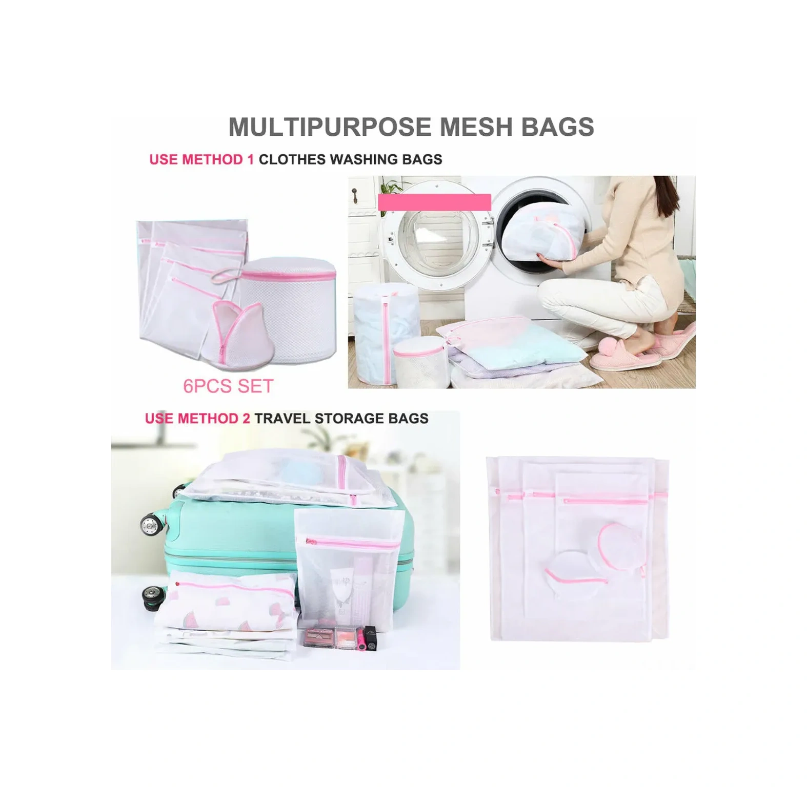 Kosona 6'lı Çamaşır Torba Seti - Delikli Kumaş İç Çamaşırı Ve Hassas Giysiler İçin Koruyucu Yıkama Torbaları S-m-l-xl + 2 Bar Torba Pembe