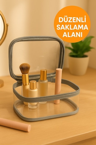 Gri Su Geçirmez Pvc Makyaj Ve Organizer Düzenleyici Seyahat Çantası