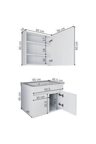 Banos Al3 Lavabolu Beyaz 65 Cm Aynalı Banyo Dolabı Takımı Beyaz