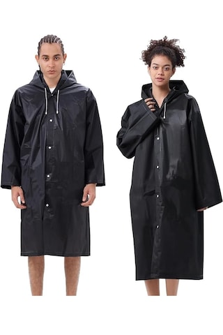 Su Geçirmez Eva Kumaş Yağmurluk Siyah Kapşonlu Çıtçıtlı Yağmurluk Siyah