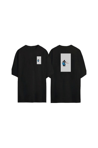 Thewert Unisex Şeytan Kasklı Motorcu Ön Arka Baskılı Sıyah Oversize T-shirt Siyah