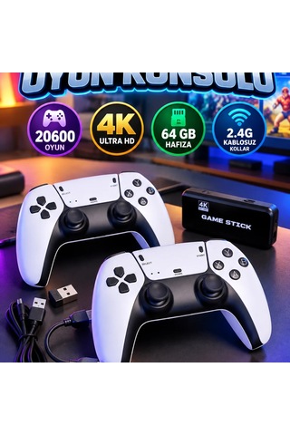 20600 Oyunlu 4k Retro Oyun Konsolu 64 Gb Hafıza Ve 2.4g Kablosuz Oyun Kolları
