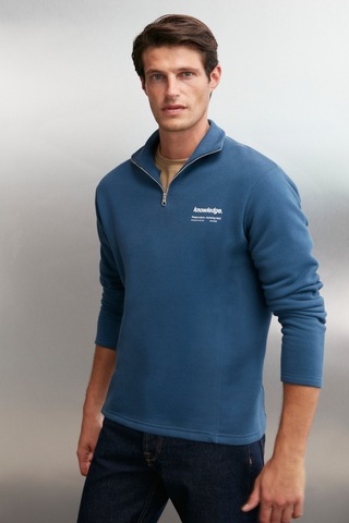 Grımelange Halden Erkek Içi Polarlı Dik Yaka Yarım Fermuarlı Baskı Detaylı Regular Mavi Sweatshirt