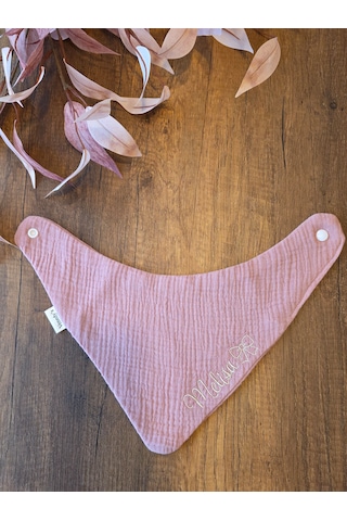 Venedys İsme Özel Müslin Bebek Mama Önlüğü Nakışlı Bandana Önlük 0-2 Yaş Pudra