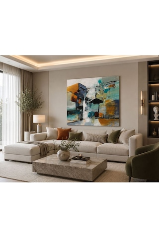 Modern Soyut Turkuaz & Hardal Renkli Kanvas Tablo Premium Dekoratif Duvar Tablosu Salon, Ofis, Yatak Odası Ve Koridor İçin Çerçevesiz Modern Sanat Tablosu