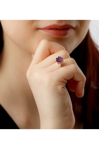 Rose Altın Kaplama Ametist Mor Taşlı Lotus Çiçeği Kadın Yüzük Rose Gold