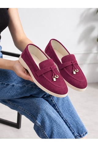 Dabab Shoes Lupy Kadın Bordo Süet Loafer Ayakkabı Gold Aksesuarlı Ortopedik Rahat Taban Casual Babet