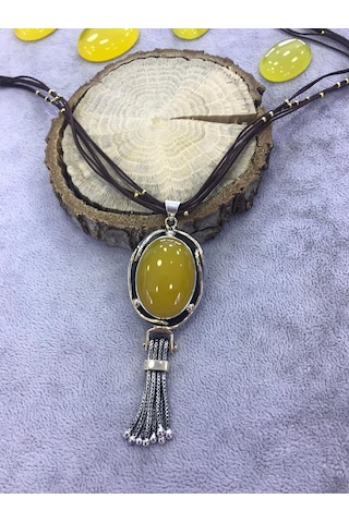 Sarı Akik Taşlı Gümüş Kolye 925 Ayar 512655439