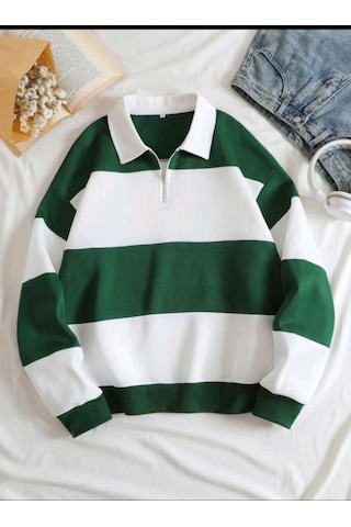 Altamira Unisex Çizgili Oversize Polo Yaka Yarım Fermuarlı Sweatshirt 001