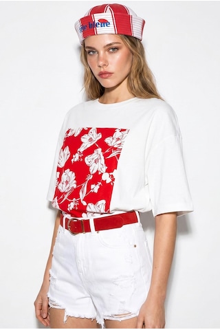 Shade Kadın Bisiklet Yaka Çiçek Baskılı Oversize %100 Pamuklu T-shirt Öt100001 60286273 - Beyaz-kırmızı Beyaz - Kırmızı