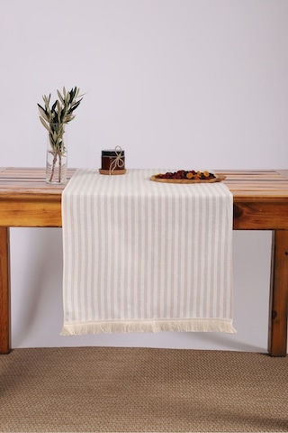 Dnc Home Tekstil Ndchome Keten Çizgili Püsküllü Runer Masa Örtüsü Açık Kahverengi 45 x 150