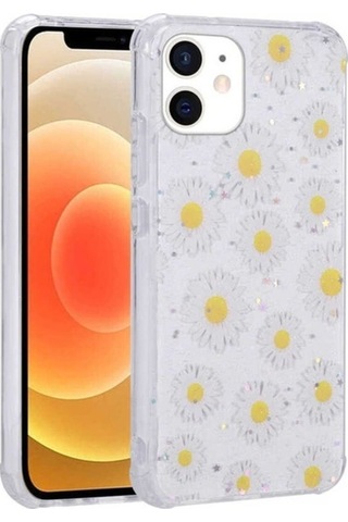 Apple Uyumlu iPhone 12 Kılıf Simli Desenli Kamera Korumalı Parlak Zore Popy Kapak Papatya
