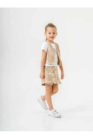 Kız Çocuk Keten Üçlü Şort Etekli Yelekli Takım-15888 Bej