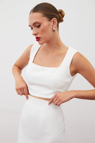 Sateen Kare Yaka Crop Bluz - Ekru-134914 Ekru