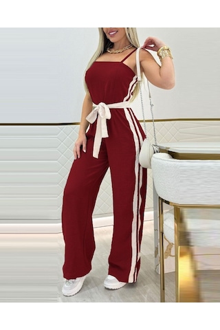 Ahes Shopping Kadın Ip Askılı Straplez Belden Kuşaklı Viskon Iki Iplik Tulum Bordo