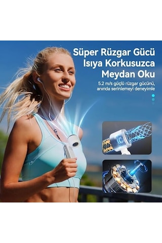 Blic Bwfn22 Turbo El Vantilatörü Mini Fan Vantilatör Katlanabilir 3 Ü 1 Arada Taşınabilir Fan 5 Kademeli Led Ekranlı Usb-c Şarjlı Mini Vantilatör Boyun Askılı Masaüstü Kullanım Beyaz