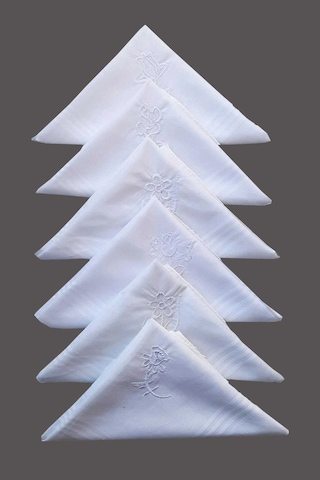 Elif Mira Çiçek İşlemeli 6 Lı Bayan Beyaz Mendili 28x28 Cm 100 Pamuk Çok Renkli