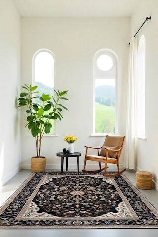 Zeminde Bir Saray Medalyonlu Ve Çiçekli Halı Tasarımı - Kaymaz Taban Siyah - Bej