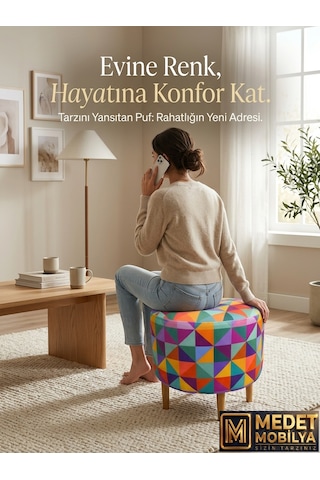 Diday Gökkuşağı Puf F Trend Puf Koltuk Puff Bench Dekoratif Bohem Doğal Gürgen Ayak Amaçlı Bahçe Balkon Çok Renkli