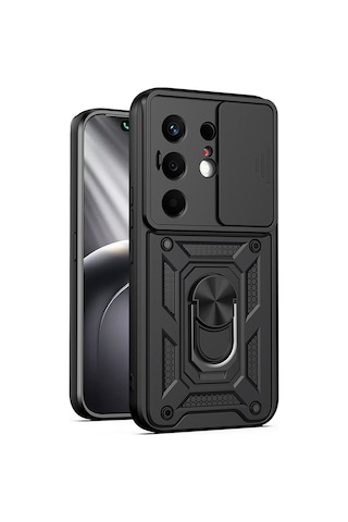 Tecno Camon 50 Kılıf Magnetik Standlı Kamera Korumalı Zore Sürgülü Vega Kapak - Siyah