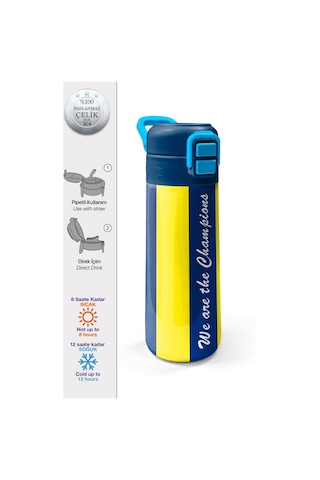 Coral High Kids Sarı Lacivert Çubuklu Pipetli Ve Direkt İçim Çelik Termos 500 Ml 31791 Çok Renkli