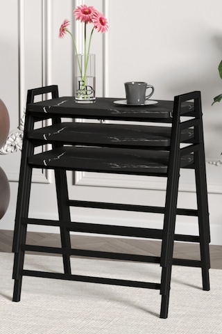 Zigon Sehpa , Aden 3'lü Tepsi Zigon Sehpa Takımı Siyah Metal - Siyah Mermer Tabla Siyah-siyah Mermer