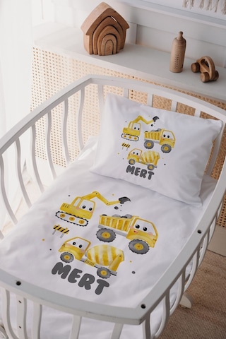 %100 Pamuk Saten Isme Özel Isimli Anne Yanı Beşik Nevresim Takımı Inşaat Arabaları