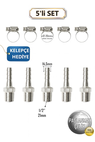 Paslanmaz Hortum Rekoru - 1/2inç Rekor + Kelepçe 5'li Set - Krom Çelik Hortum Ucu - 304 Kalite Standart