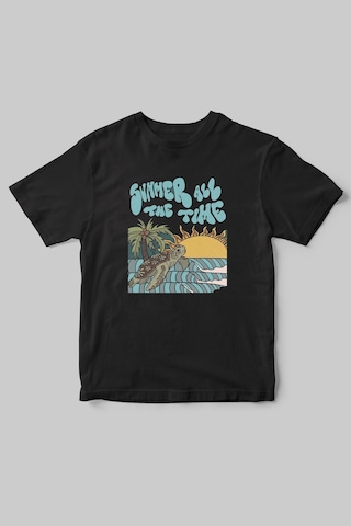 Yaz Zamanı Summer Time Caretta Caretta Deniz Kum Güneş Baskılı Regular Fit %100 Pamuk Siyah T-shirt Siyah
