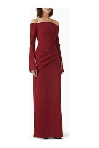 Eegen Studio Louisa Maxi Dress - Off - Shoulder, Düğmeli Kollu, Sırt Yırtmaçlı, Şık Tasarım Elbise Kırmızı