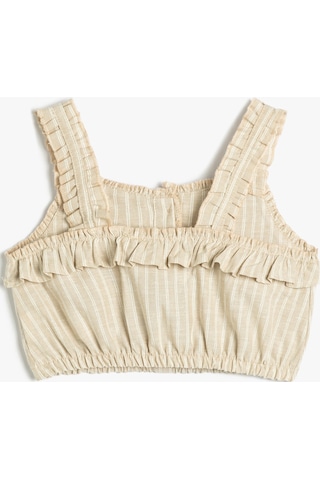 Koton Crop Bluz Askılı Fırfırlı Düğmeli Bej Çizgili 3skg60041aw 3SKG60041AW0S5 Ekru