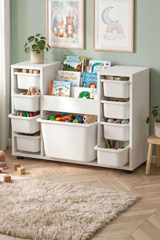 9 Sepetli Dolap Oyuncak Dolabı Çok Amaçlı Dolap Montessori Kitaplıklı Aden Beyaz
