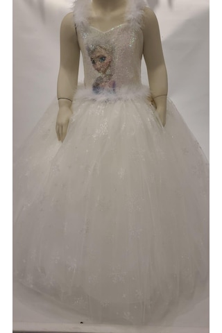 Kız Çocuk Tarlatanlı Simli Frozen Abiye-8076-krem Krem