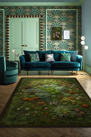 Homshtag Art Deco Yosun Halısı Bitki Temalı Soft Yeşil Renkli Etnik Dijital Baskılı Çiçekli Halı Çok Renkli