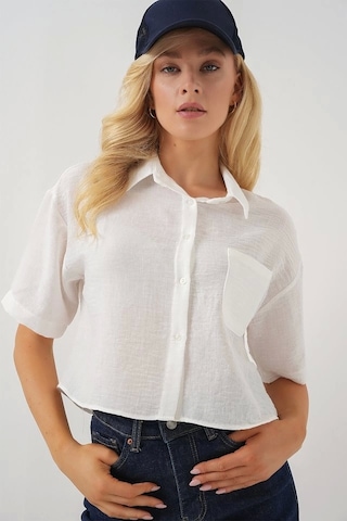 Defymoda Kısa Kol Crop Gömlek 20341 - Beyaz Beyaz