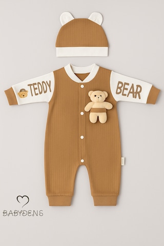 Babyden's Teddy Bear Temalı Yenidoğan Fitilli Tulum Takımı Ayıcıklı Erkek Bebek Tulum Şapka Set %100pamuk Kahverengi