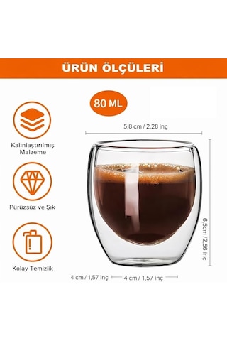 Reoona 2 Li Espresso Bardağı 80 Ml Kahve Bardağı Çift Cidarlı Bardak Şeffaf