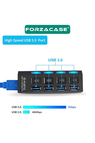 Forzacase FC800 Işıklı Düğmeli 4 Port USB 3.0 Port Çoğaltıcı Hub Switch
