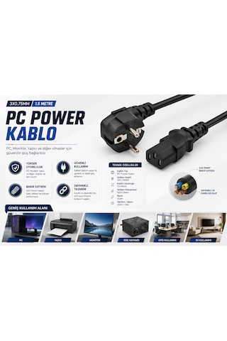 Pc Power Güç Kablosu 1.5 M Iec C13 3 0.75 Mm²