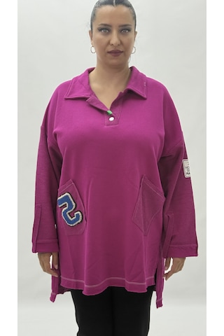 Büyük Beden Yakalı Cepli Sloganlı Uzun Kol Oversize Viskon Kadın Tunik Sweatshirt Pembe
