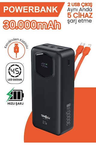 30.000 Mah Hızlı Şarj Powerbank 22.5 W Kendinden Kablolu Göstergeli Taşınabilir Batarya Siyah