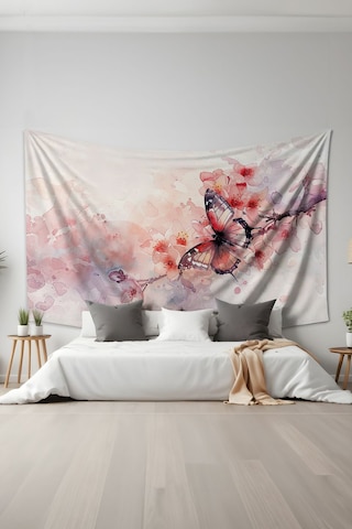 Çiçek Dalı Ve Kelebek Desenli Duvar Halısı Duvar Örtüsü Tapestry Süet Dokulu Kumaş